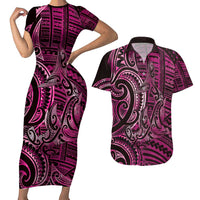 New Zealand Hammerhead Shark Couples Matching Short Sleeve Bodycon Dress and Hawaiian Shirt Maori Haehae Mangopare Pink - Polynesian Pride