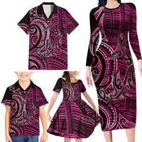 New Zealand Hammerhead Shark Family Matching Long Sleeve Bodycon Dress and Hawaiian Shirt Maori Haehae Mangopare Pink - Polynesian Pride