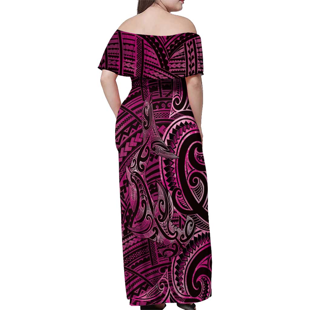 New Zealand Hammerhead Shark Family Matching Off Shoulder Maxi Dress and Hawaiian Shirt Maori Haehae Mangopare Pink - Polynesian Pride