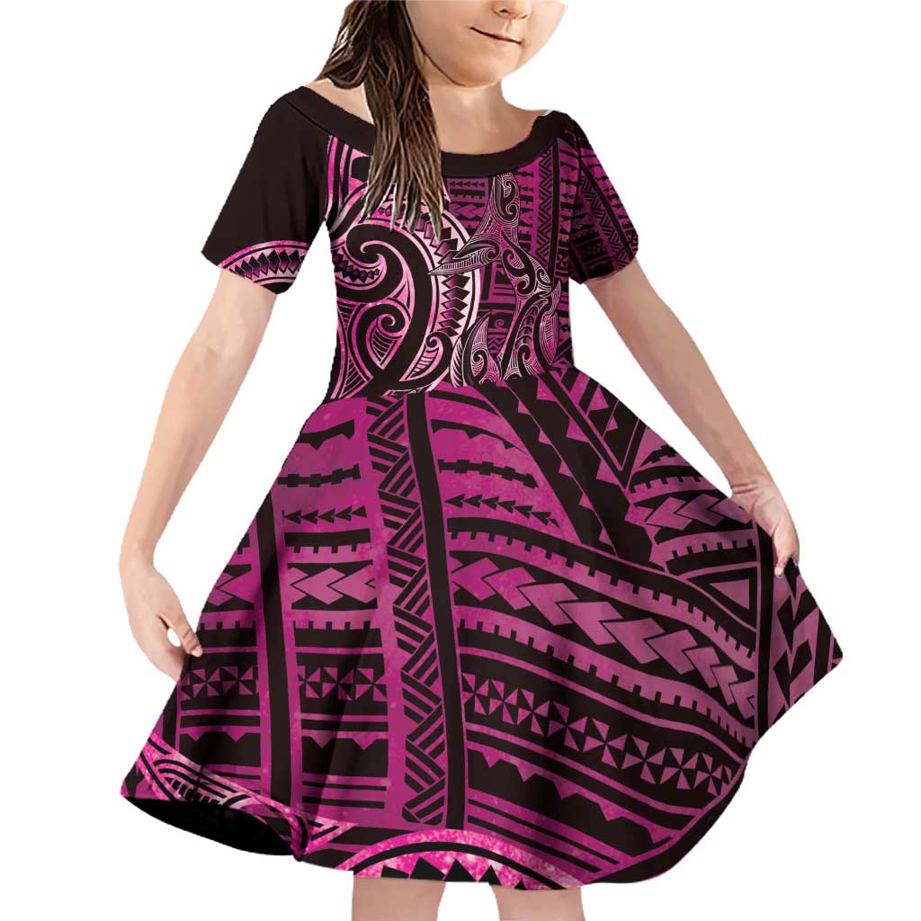 New Zealand Hammerhead Shark Family Matching Off Shoulder Short Dress and Hawaiian Shirt Maori Haehae Mangopare Pink - Polynesian Pride