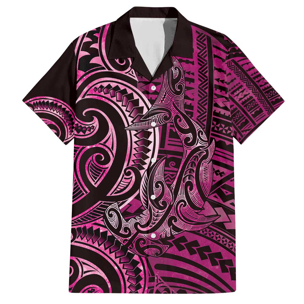 New Zealand Hammerhead Shark Family Matching Short Sleeve Bodycon Dress and Hawaiian Shirt Maori Haehae Mangopare Pink - Polynesian Pride