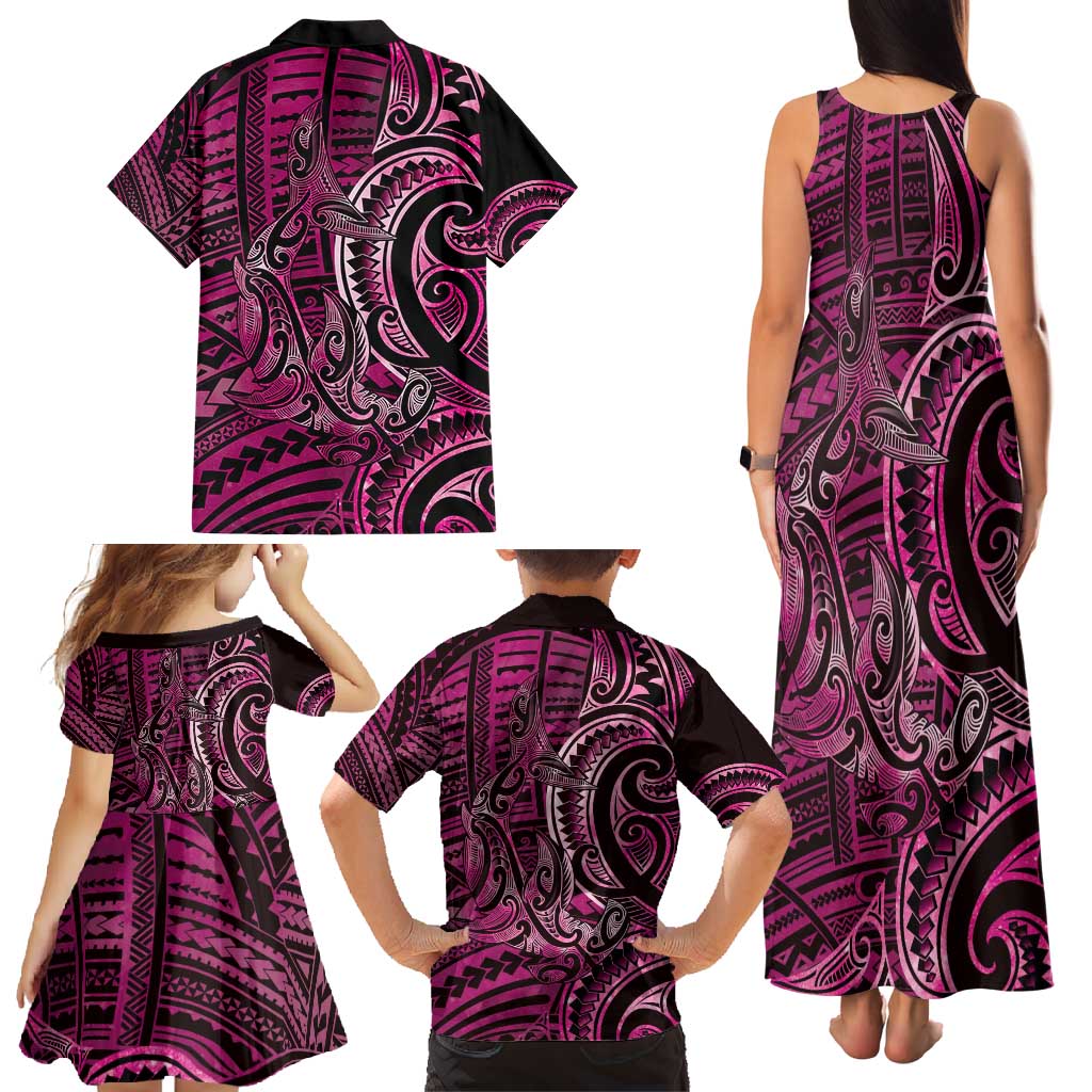 New Zealand Hammerhead Shark Family Matching Tank Maxi Dress and Hawaiian Shirt Maori Haehae Mangopare Pink - Polynesian Pride