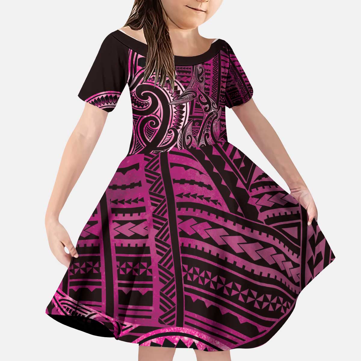 New Zealand Hammerhead Shark Kid Short Sleeve Dress Maori Haehae Mangopare Pink LT14 KID Pink - Polynesian Pride