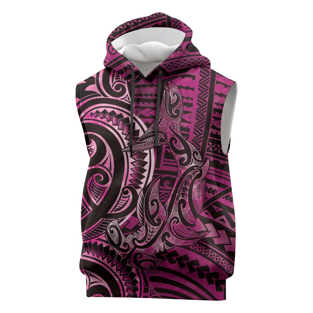 New Zealand Hammerhead Shark Sleeveless Hoodie Maori Haehae Mangopare Pink - Polynesian Pride