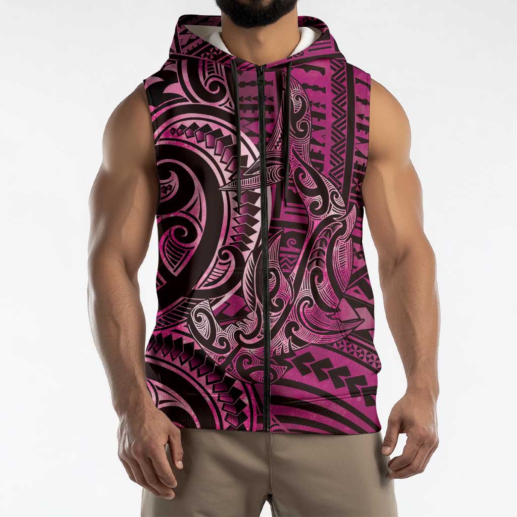 New Zealand Hammerhead Shark Sleeveless Zip Hoodie Maori Haehae Mangopare Pink LT14 - Polynesian Pride