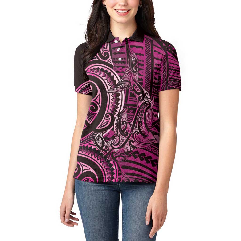 New Zealand Hammerhead Shark Women Polo Shirt Maori Haehae Mangopare Pink - Polynesian Pride