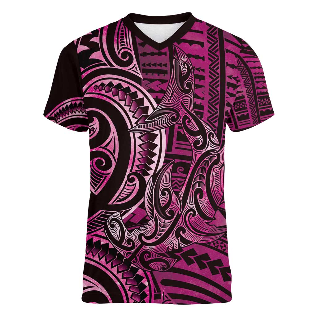 New Zealand Hammerhead Shark Women V-Neck T-Shirt Maori Haehae Mangopare Pink - Polynesian Pride