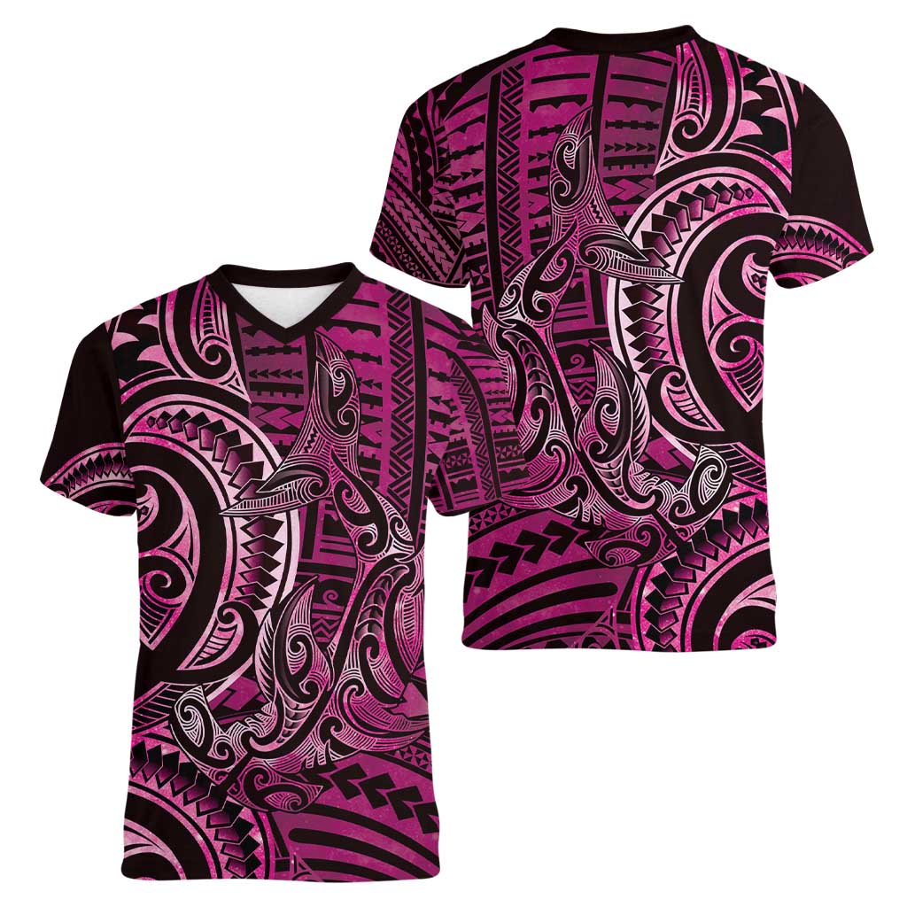 New Zealand Hammerhead Shark Women V-Neck T-Shirt Maori Haehae Mangopare Pink - Polynesian Pride