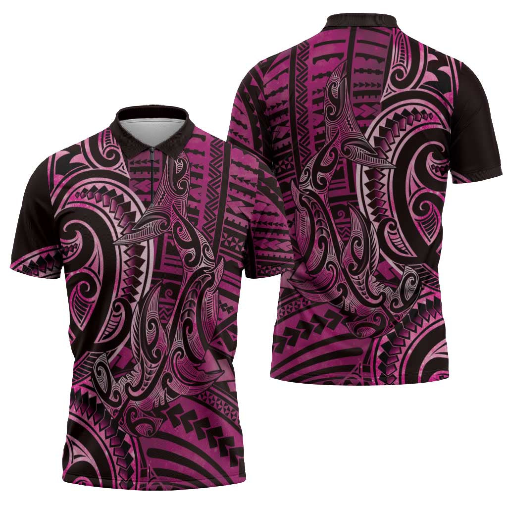 New Zealand Hammerhead Shark Zipper Polo Shirt Maori Haehae Mangopare Pink - Polynesian Pride