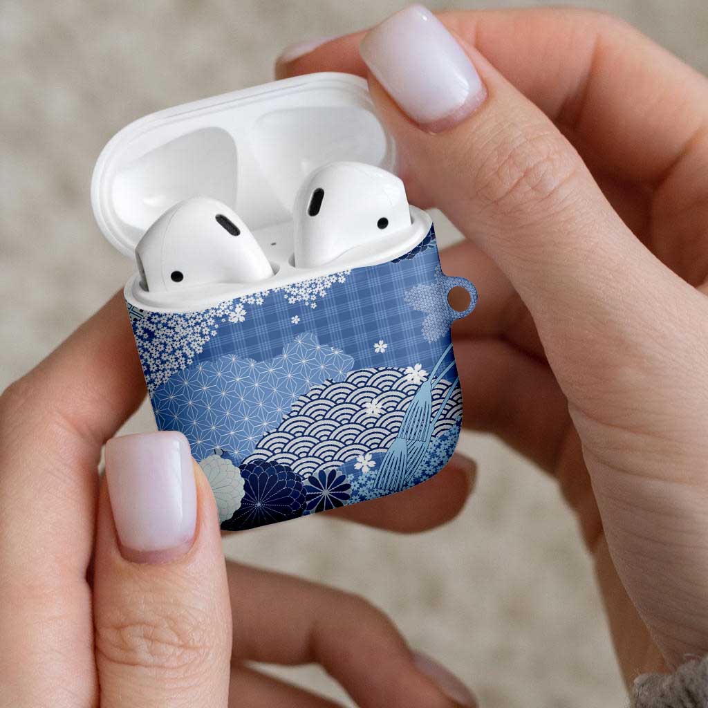 Blue Palaka Japanese Patterns AirPods Case Asanoha Seigaiha Sakura Motif - Polynesian Pride