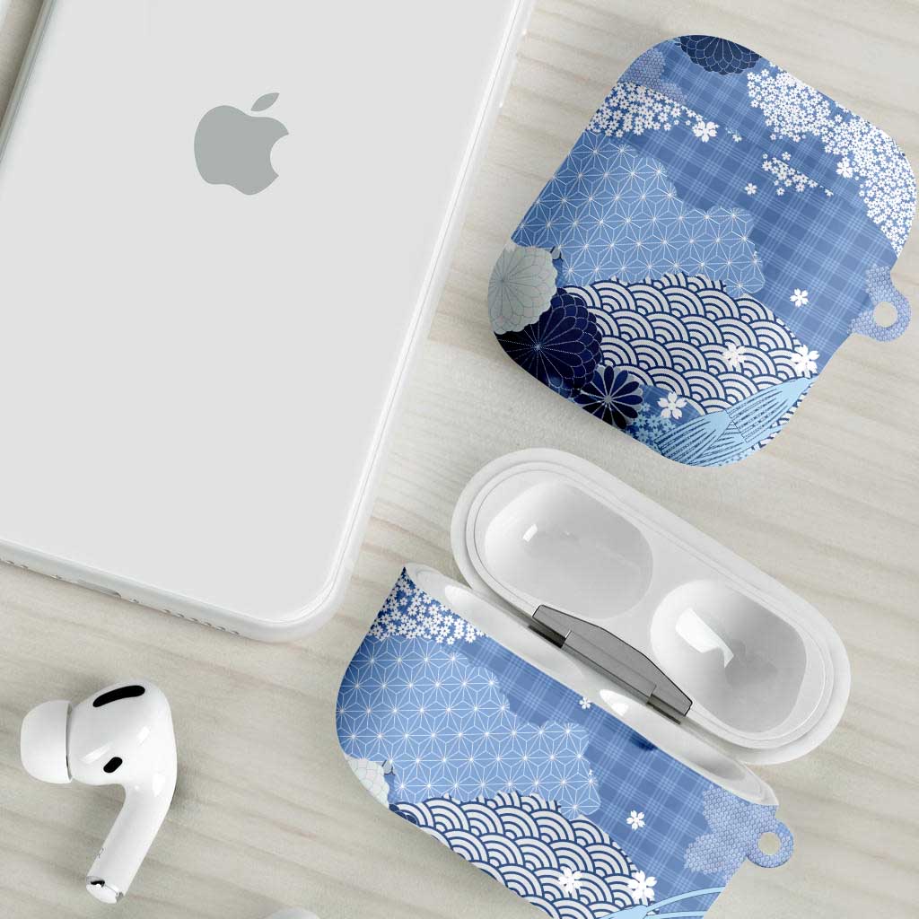 Blue Palaka Japanese Patterns AirPods Case Asanoha Seigaiha Sakura Motif - Polynesian Pride