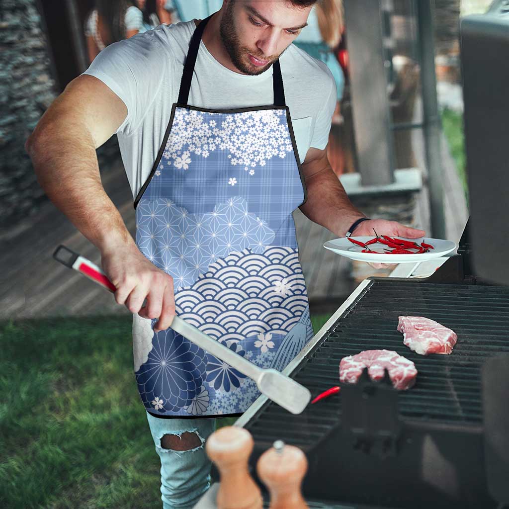 Blue Palaka Japanese Patterns Apron Asanoha Seigaiha Sakura Motif - Polynesian Pride