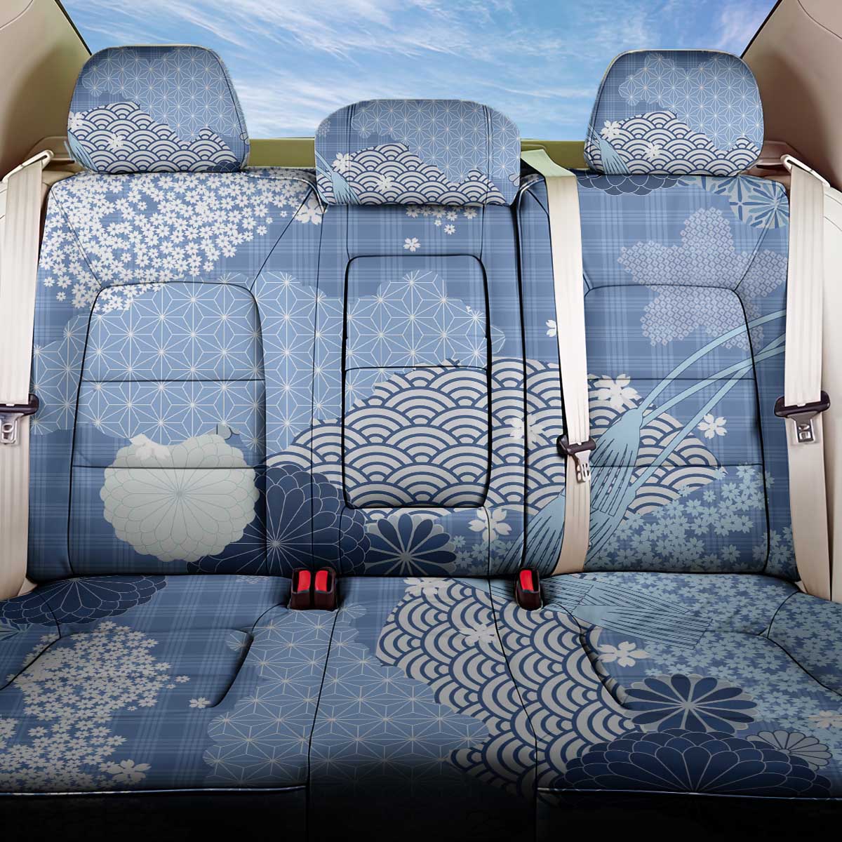 Blue Palaka Japanese Patterns Back Car Seat Cover Asanoha Seigaiha Sakura Motif - Polynesian Pride