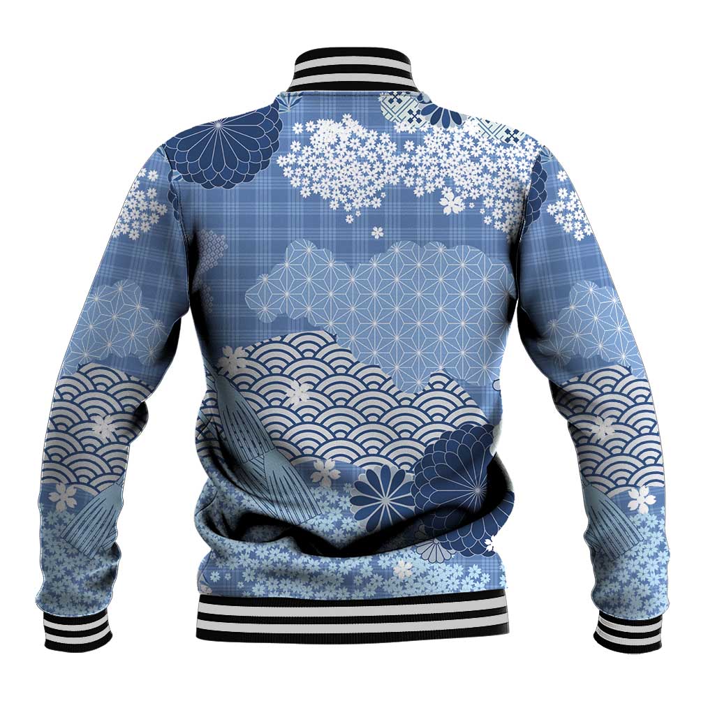 Blue Palaka Japanese Patterns Baseball Jacket Asanoha Seigaiha Sakura Motif - Polynesian Pride