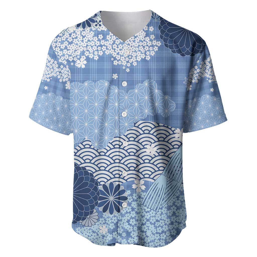 Blue Palaka Japanese Patterns Baseball Jersey Asanoha Seigaiha Sakura Motif - Polynesian Pride