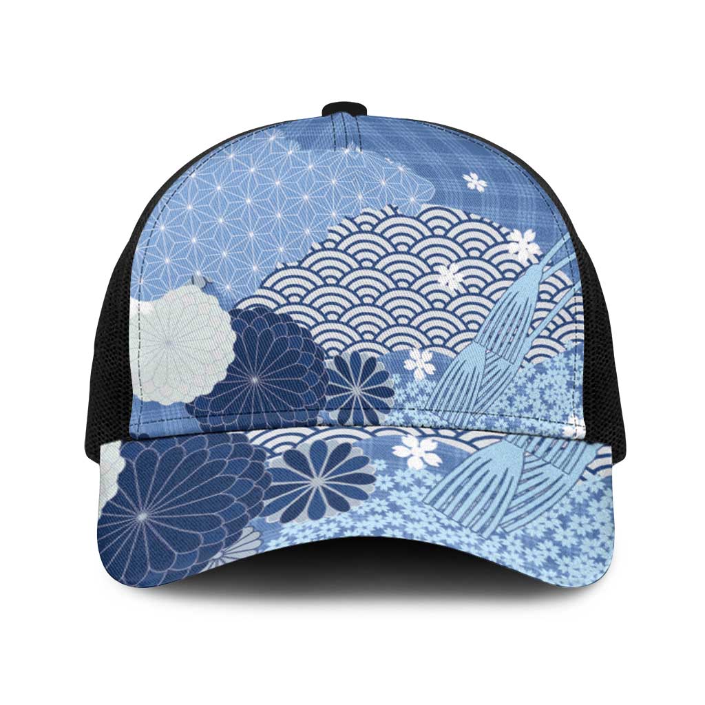 Blue Japanese Traditional Motifs Baseball Net Cap Palaka With Asanoha Seigaiha Sakura - Polynesian Pride