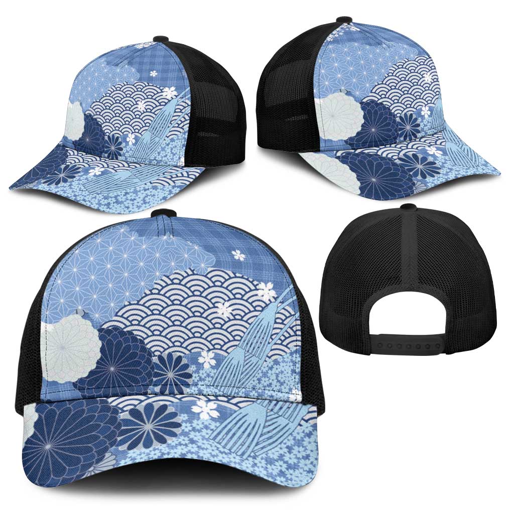 Blue Japanese Traditional Motifs Baseball Net Cap Palaka With Asanoha Seigaiha Sakura - Polynesian Pride