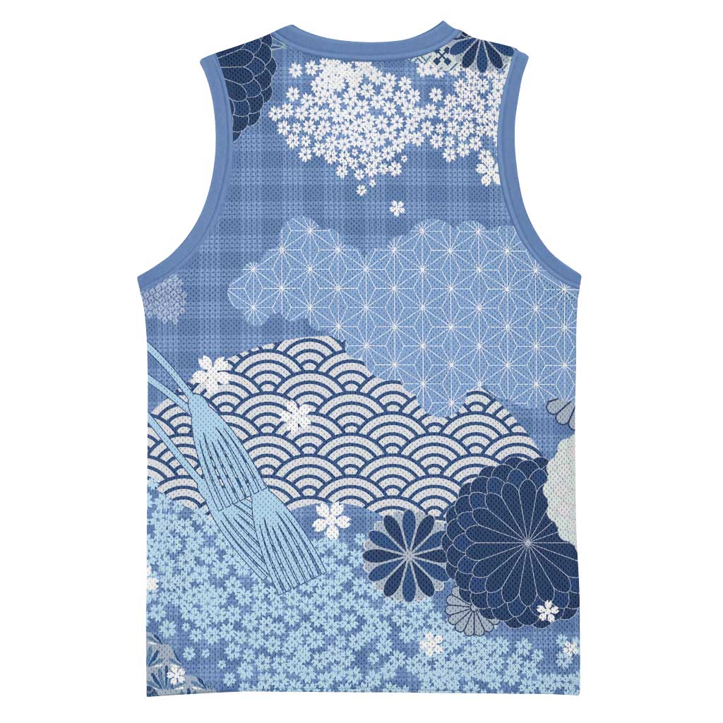 Blue Palaka Japanese Patterns Basketball Jersey Asanoha Seigaiha Sakura Motif - Polynesian Pride