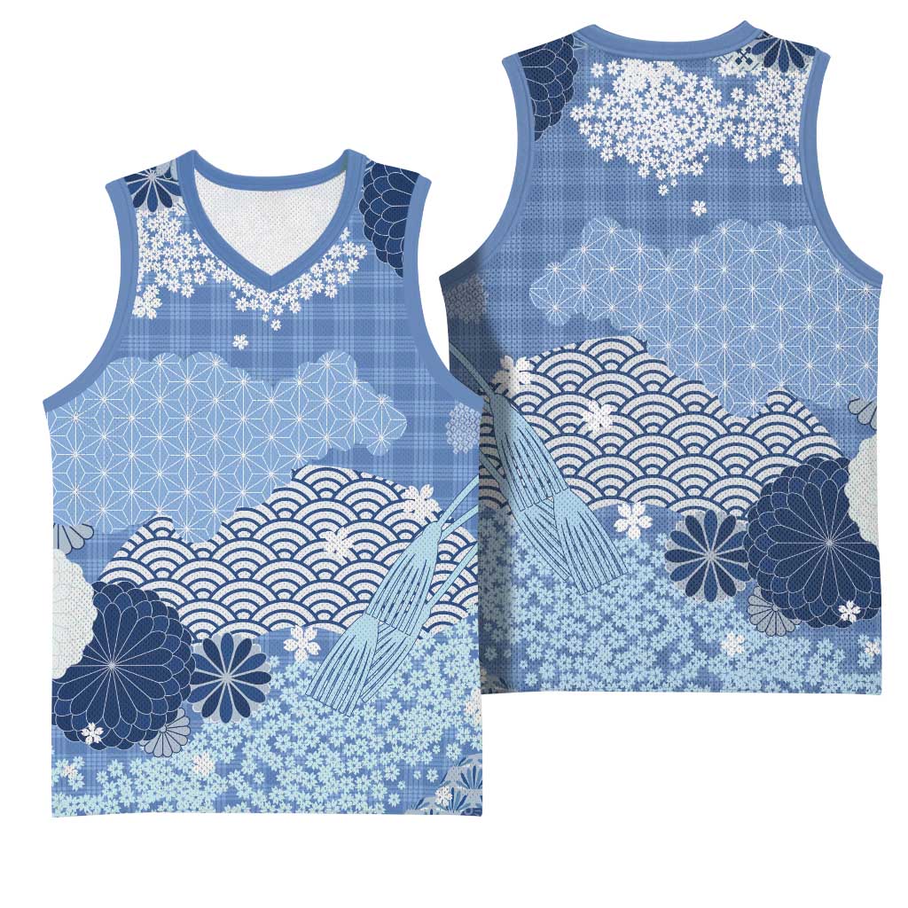 Blue Palaka Japanese Patterns Basketball Jersey Asanoha Seigaiha Sakura Motif - Polynesian Pride