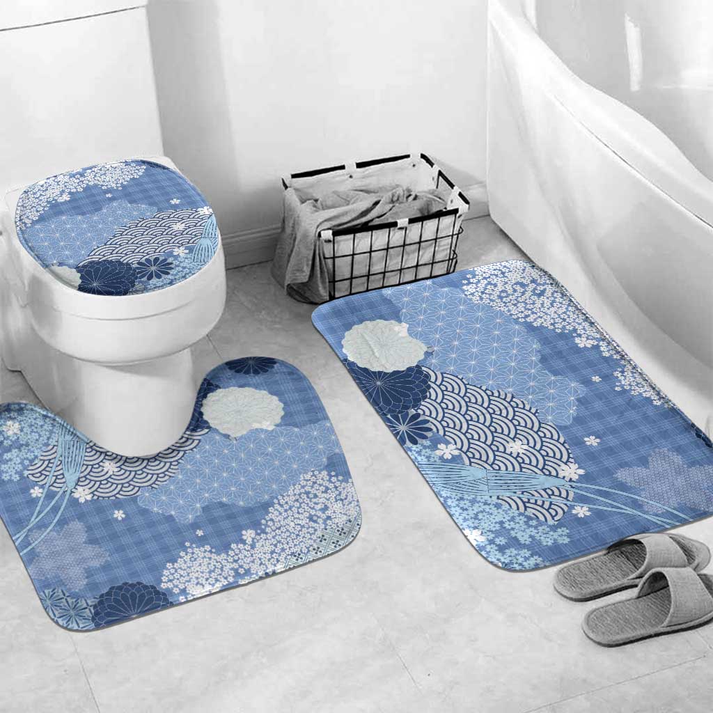 Blue Palaka Japanese Patterns Bathroom Set Asanoha Seigaiha Sakura Motif - Polynesian Pride