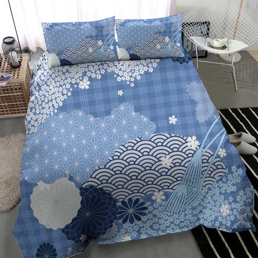 Blue Palaka Japanese Patterns Bedding Set Asanoha Seigaiha Sakura Motif - Polynesian Pride