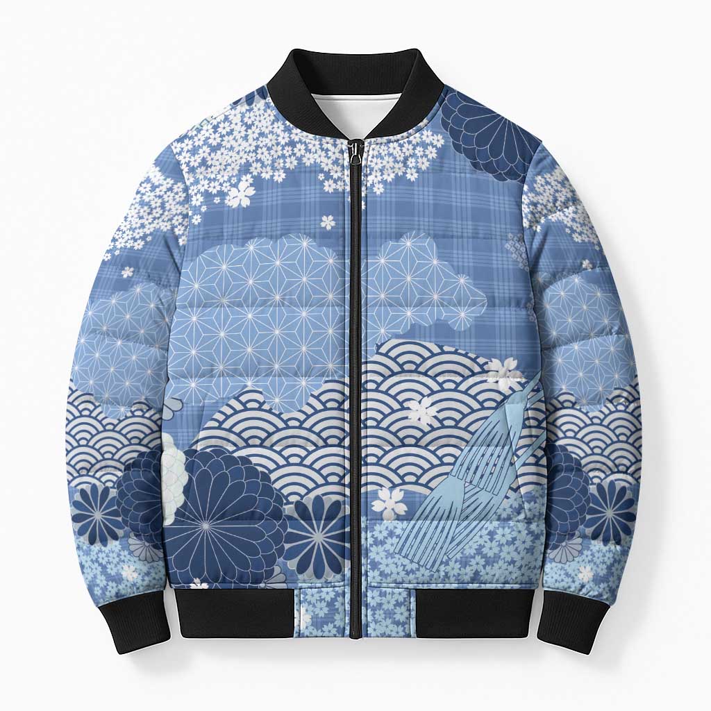 Blue Palaka Japanese Patterns Bomber Puffer Jacket Asanoha Seigaiha Sakura Motif - Polynesian Pride