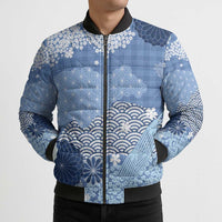 Blue Palaka Japanese Patterns Bomber Puffer Jacket Asanoha Seigaiha Sakura Motif - Polynesian Pride