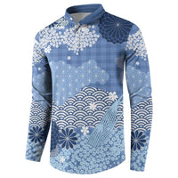 Blue Palaka Japanese Patterns Button Sweatshirt Asanoha Seigaiha Sakura Motif - Polynesian Pride