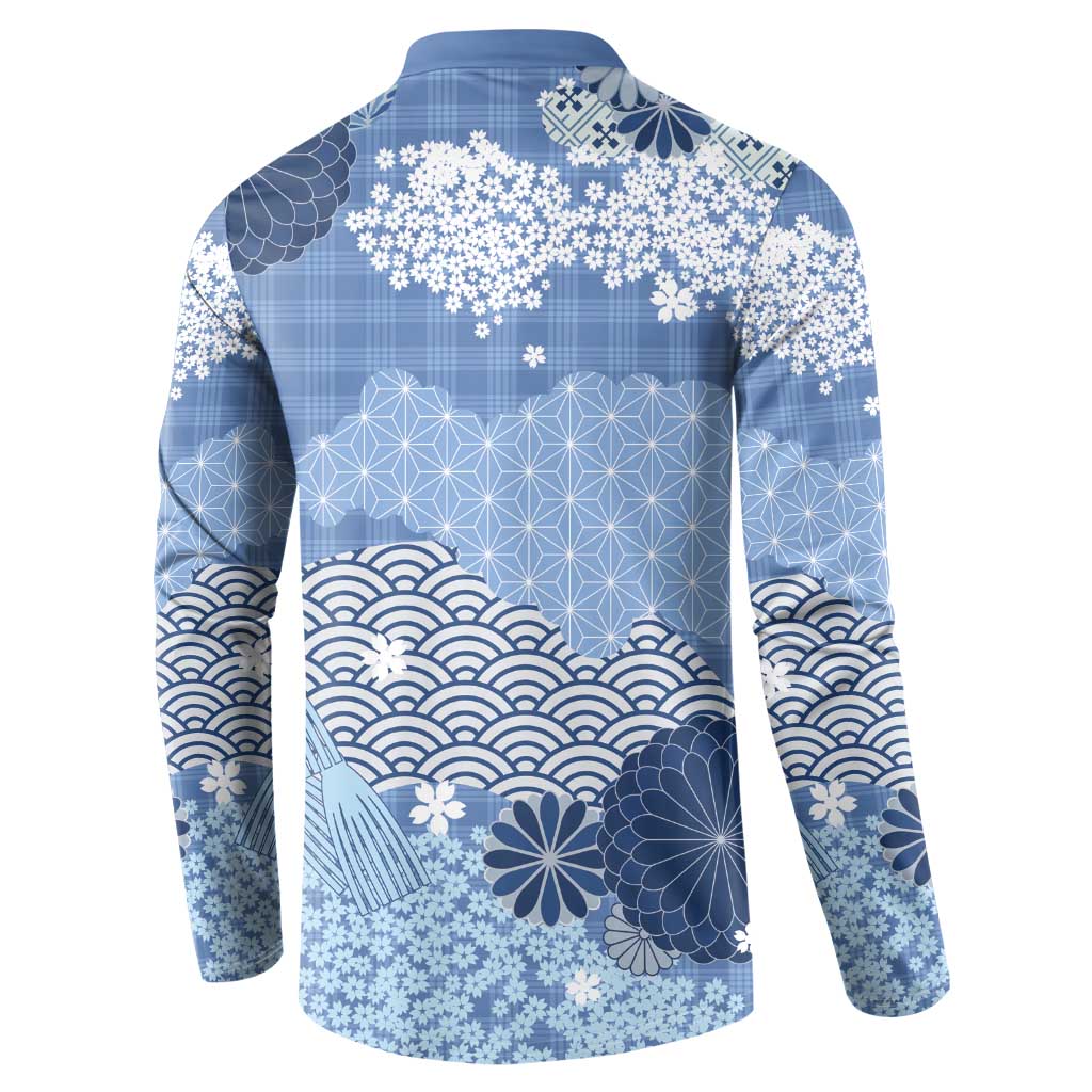 Blue Palaka Japanese Patterns Button Sweatshirt Asanoha Seigaiha Sakura Motif - Polynesian Pride