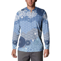 Blue Palaka Japanese Patterns Button Sweatshirt Asanoha Seigaiha Sakura Motif - Polynesian Pride
