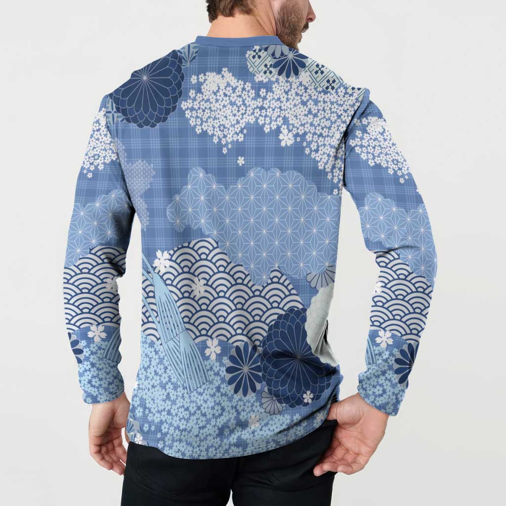 Blue Palaka Japanese Patterns Button Sweatshirt Asanoha Seigaiha Sakura Motif - Polynesian Pride