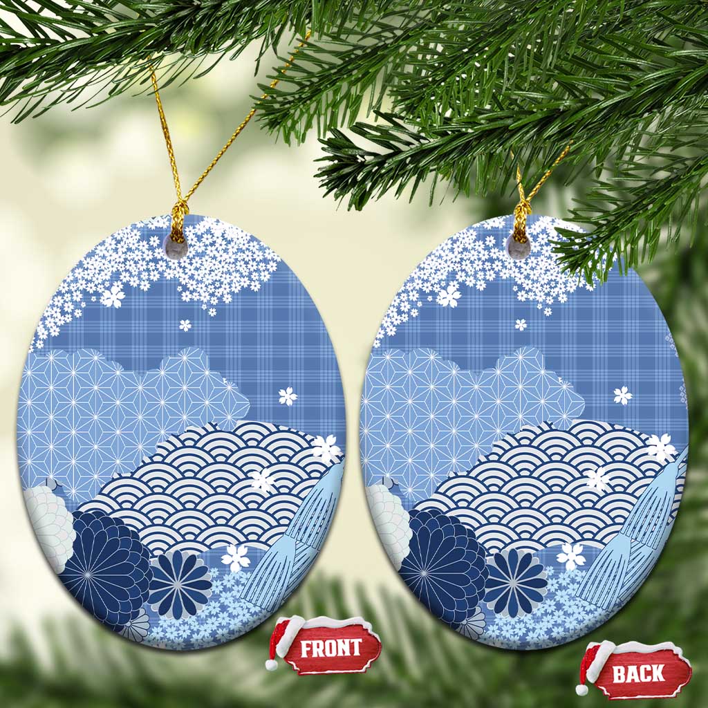 Blue Palaka Japanese Patterns Ceramic Ornament Asanoha Seigaiha Sakura Motif LT14 Oval Blue - Polynesian Pride