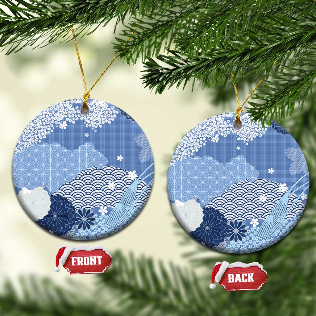 Blue Palaka Japanese Patterns Ceramic Ornament Asanoha Seigaiha Sakura Motif - Polynesian Pride