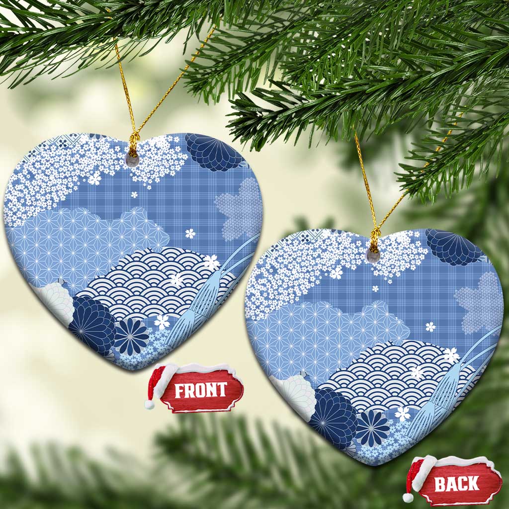 Blue Palaka Japanese Patterns Ceramic Ornament Asanoha Seigaiha Sakura Motif LT14 Heart Blue - Polynesian Pride