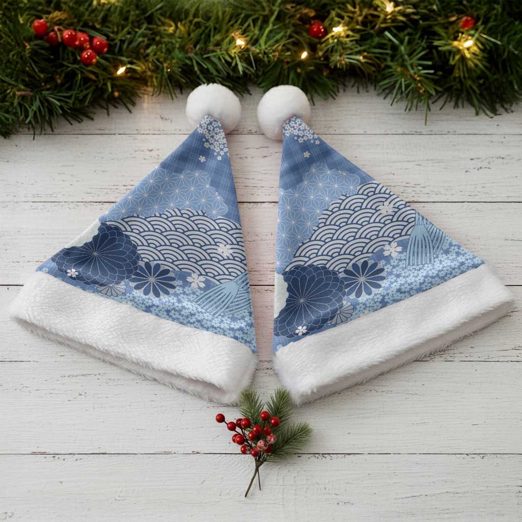 Blue Palaka Japanese Patterns Christmas Santa Hat Asanoha Seigaiha Sakura Motif - Polynesian Pride