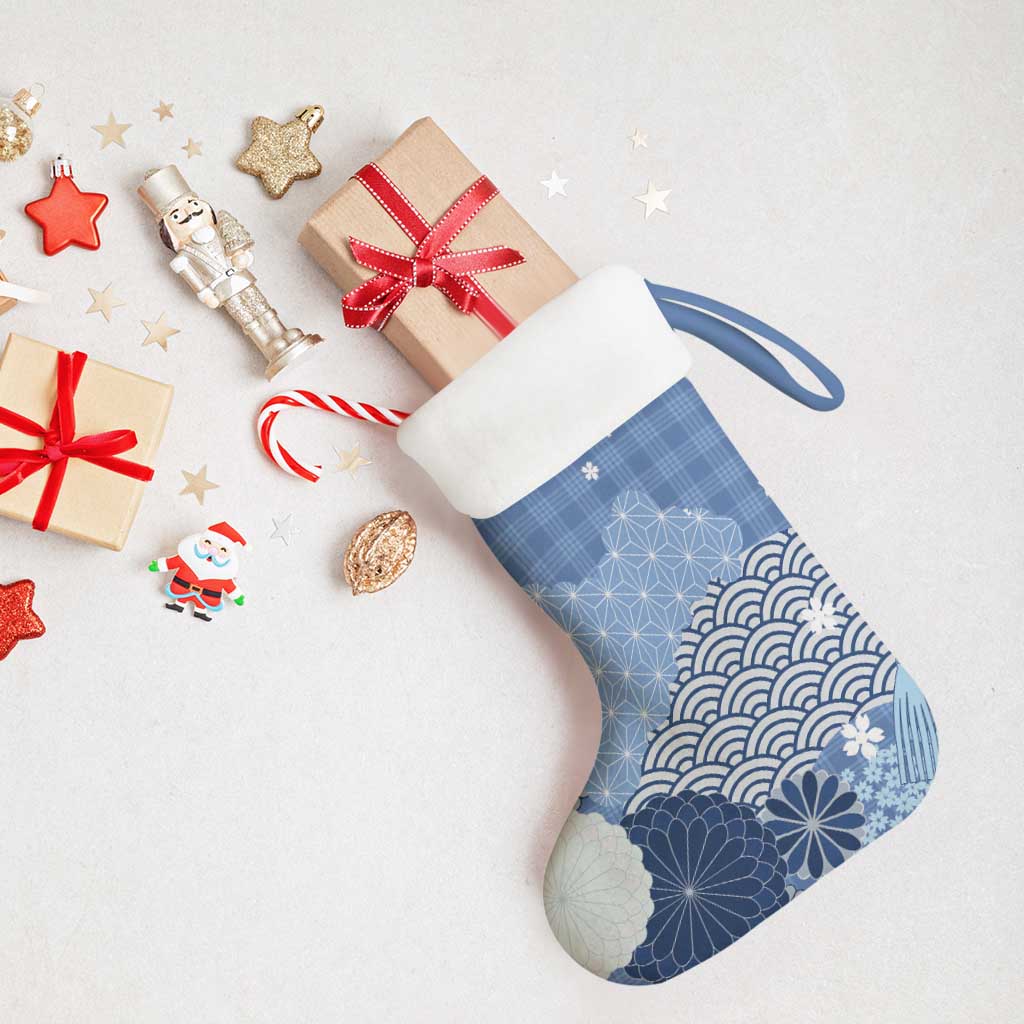 Blue Palaka Japanese Patterns Christmas Stocking Asanoha Seigaiha Sakura Motif LT14 - Polynesian Pride