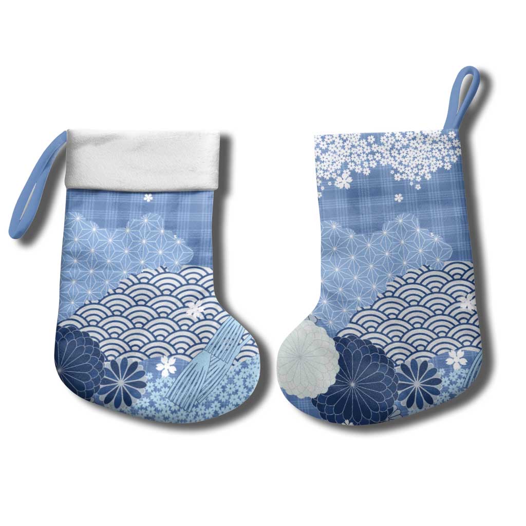 Blue Palaka Japanese Patterns Christmas Stocking Asanoha Seigaiha Sakura Motif LT14 - Polynesian Pride