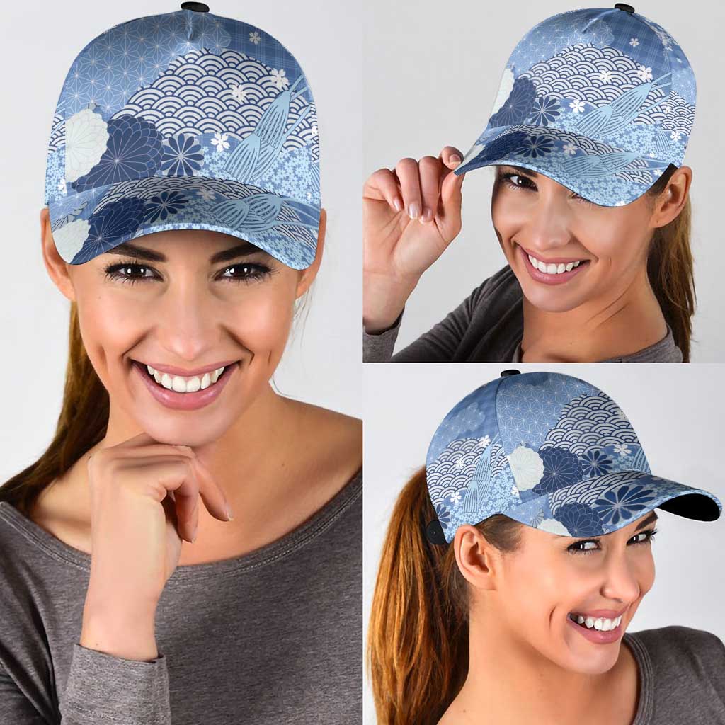 Blue Japanese Traditional Motifs Classic Cap Palaka With Asanoha Seigaiha Sakura - Polynesian Pride