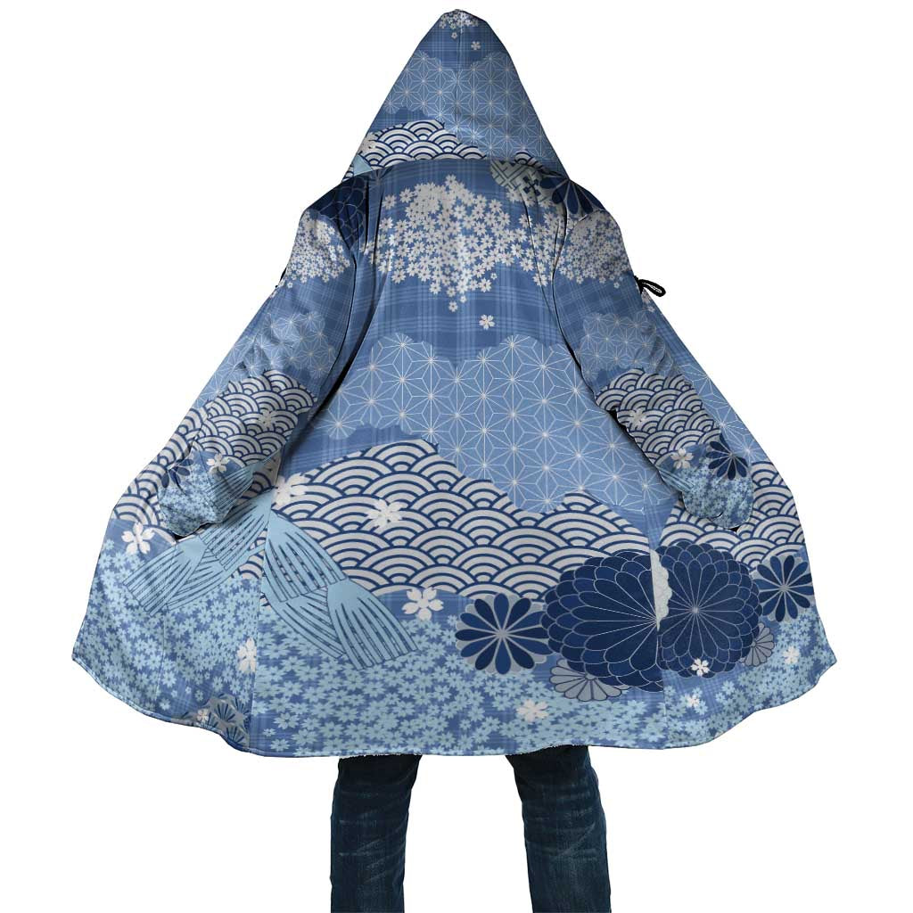 Blue Palaka Japanese Patterns Cloak Asanoha Seigaiha Sakura Motif - Polynesian Pride