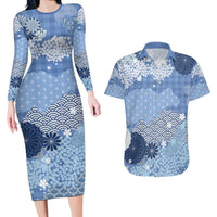 Blue Palaka Japanese Patterns Couples Matching Long Sleeve Bodycon Dress and Hawaiian Shirt Asanoha Seigaiha Sakura Motif - Polynesian Pride