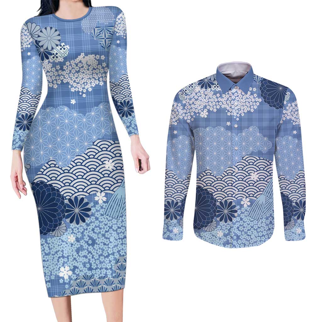 Blue Palaka Japanese Patterns Couples Matching Long Sleeve Bodycon Dress and Long Sleeve Button Shirt Asanoha Seigaiha Sakura Motif - Polynesian Pride