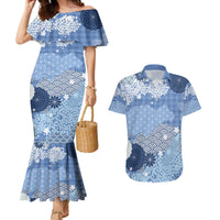 Blue Palaka Japanese Patterns Couples Matching Mermaid Dress and Hawaiian Shirt Asanoha Seigaiha Sakura Motif - Polynesian Pride
