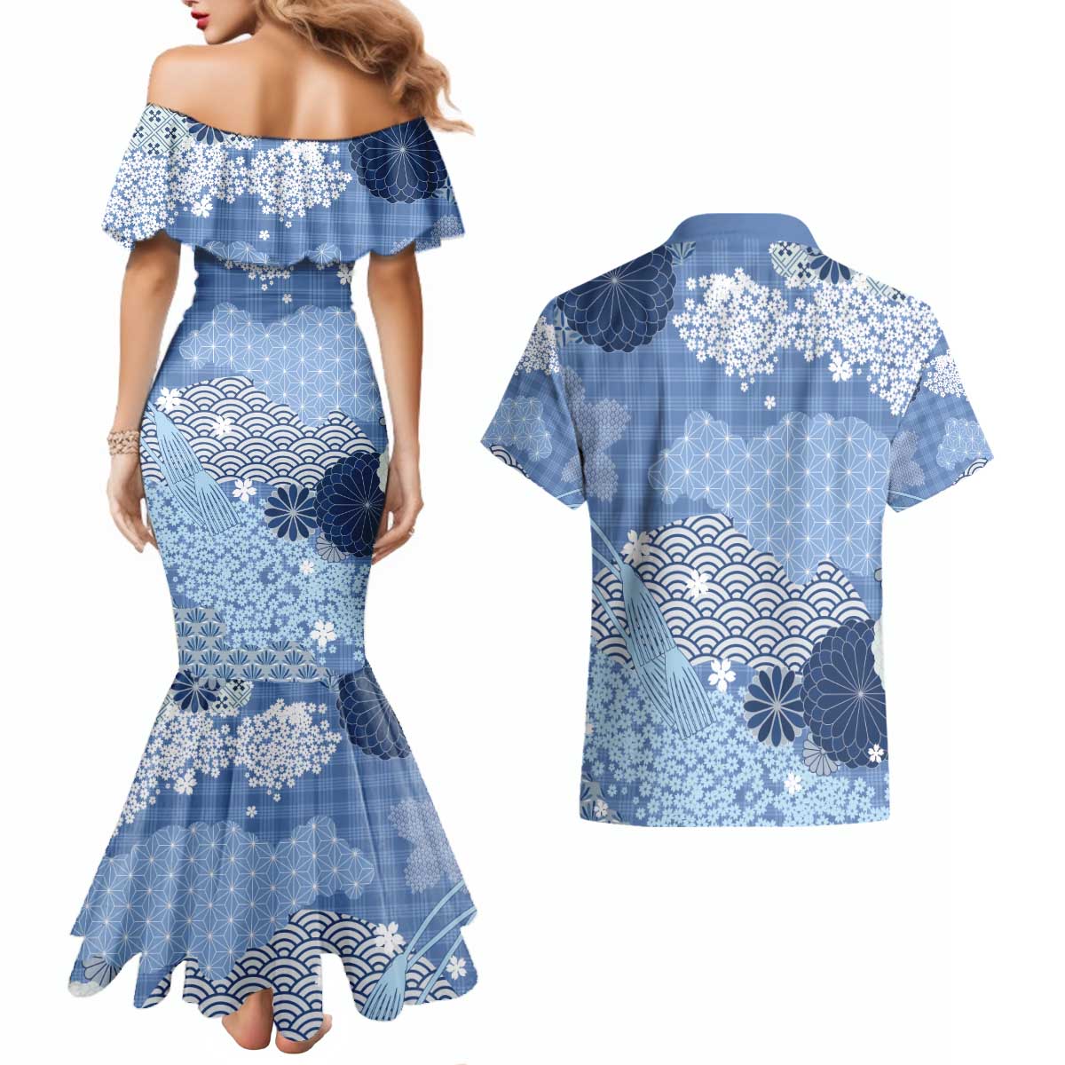 Blue Palaka Japanese Patterns Couples Matching Mermaid Dress and Hawaiian Shirt Asanoha Seigaiha Sakura Motif - Polynesian Pride