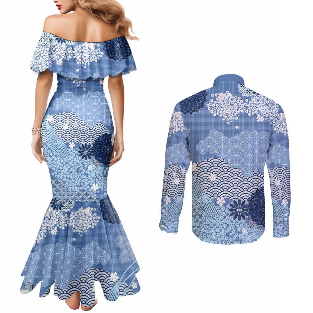 Blue Palaka Japanese Patterns Couples Matching Mermaid Dress and Long Sleeve Button Shirt Asanoha Seigaiha Sakura Motif - Polynesian Pride