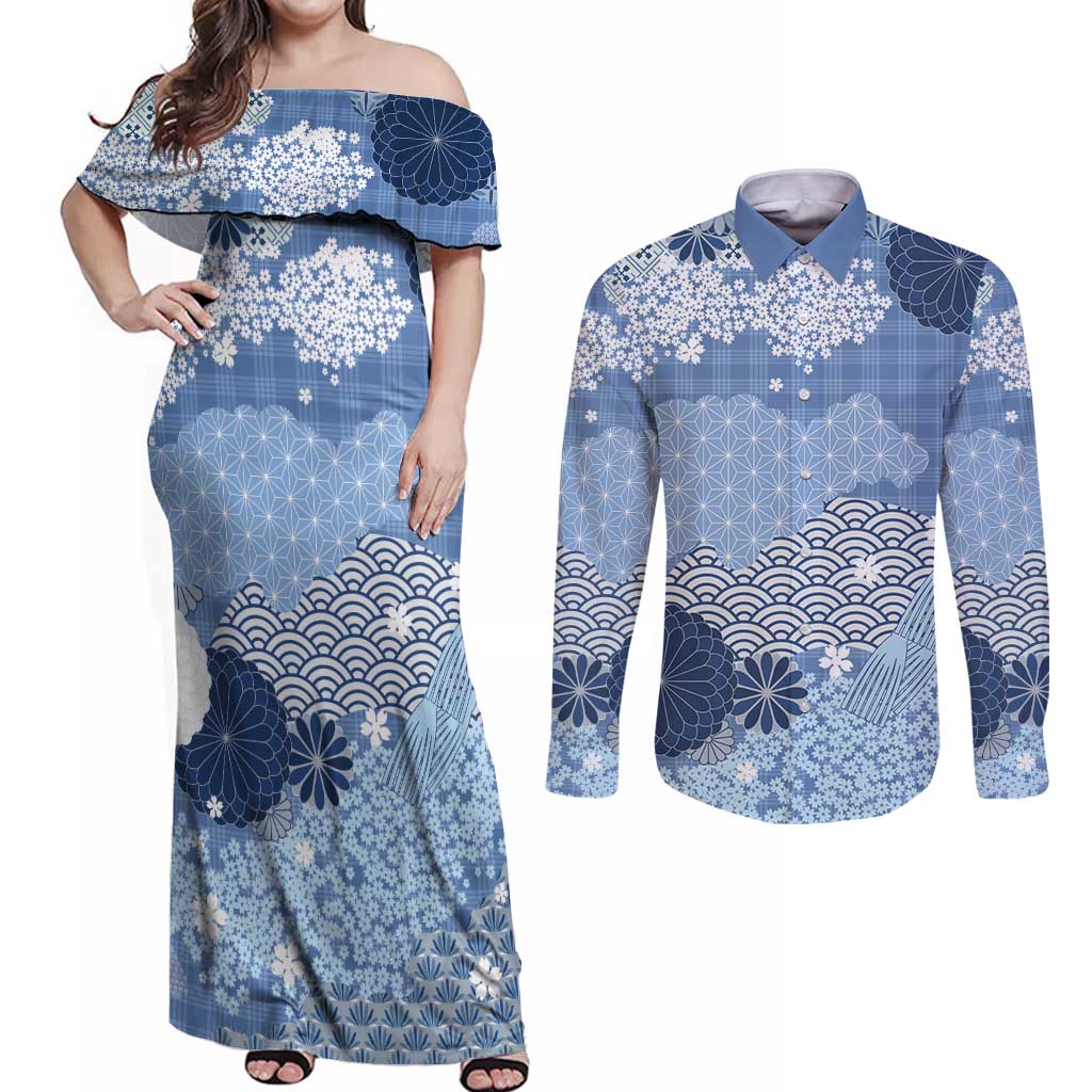 Blue Palaka Japanese Patterns Couples Matching Off Shoulder Maxi Dress and Long Sleeve Button Shirt Asanoha Seigaiha Sakura Motif - Polynesian Pride