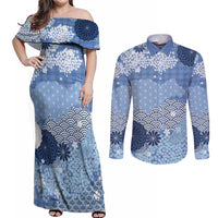 Blue Palaka Japanese Patterns Couples Matching Off Shoulder Maxi Dress and Long Sleeve Button Shirt Asanoha Seigaiha Sakura Motif - Polynesian Pride