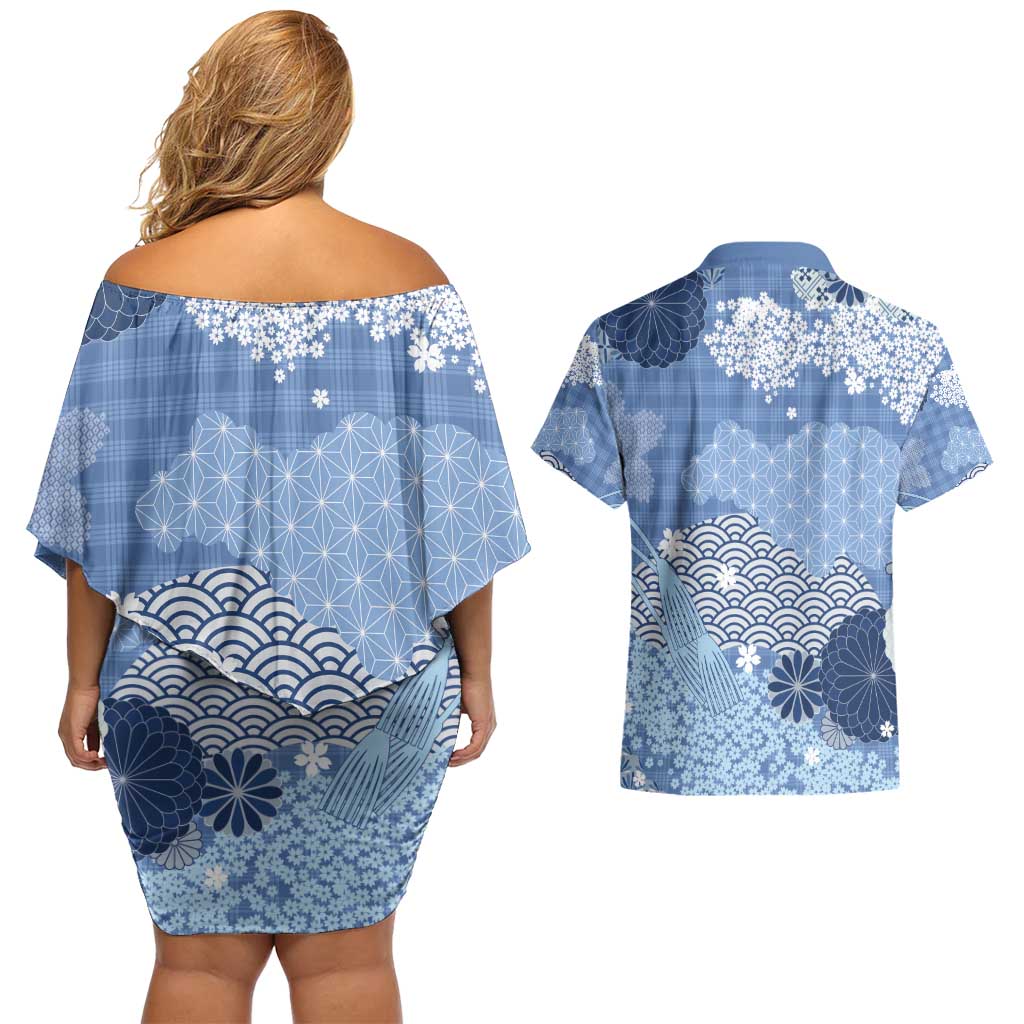 Blue Palaka Japanese Patterns Couples Matching Off Shoulder Short Dress and Hawaiian Shirt Asanoha Seigaiha Sakura Motif - Polynesian Pride