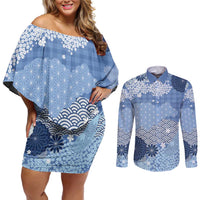 Blue Palaka Japanese Patterns Couples Matching Off Shoulder Short Dress and Long Sleeve Button Shirt Asanoha Seigaiha Sakura Motif - Polynesian Pride