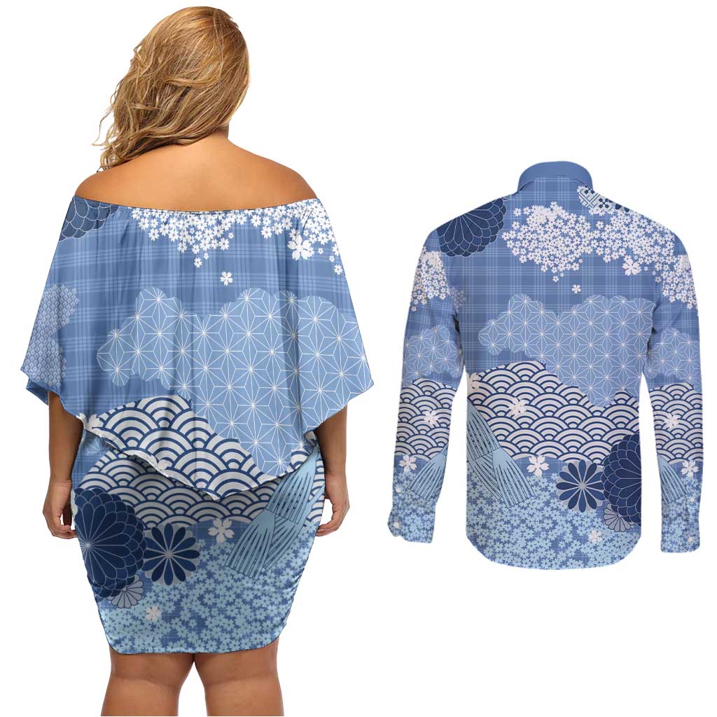 Blue Palaka Japanese Patterns Couples Matching Off Shoulder Short Dress and Long Sleeve Button Shirt Asanoha Seigaiha Sakura Motif - Polynesian Pride