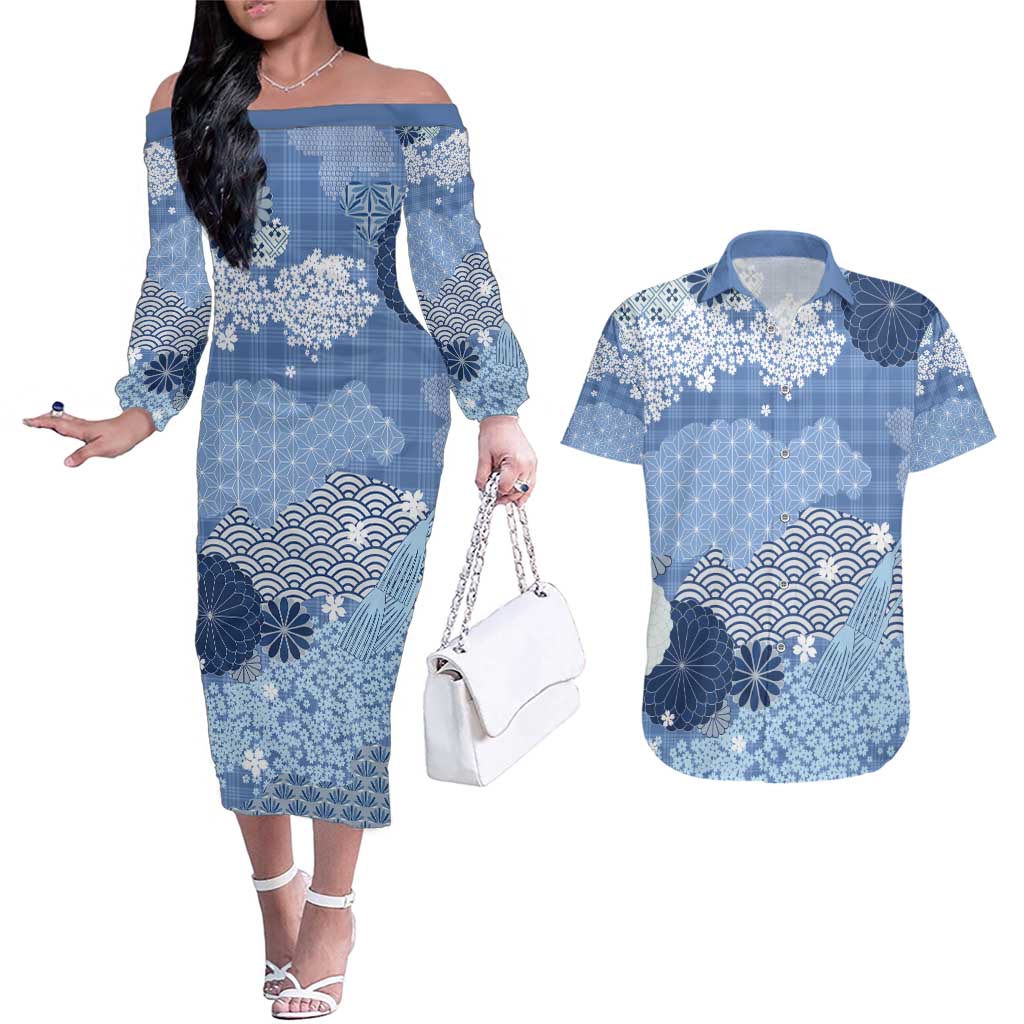Blue Palaka Japanese Patterns Couples Matching Off The Shoulder Long Sleeve Dress and Hawaiian Shirt Asanoha Seigaiha Sakura Motif - Polynesian Pride